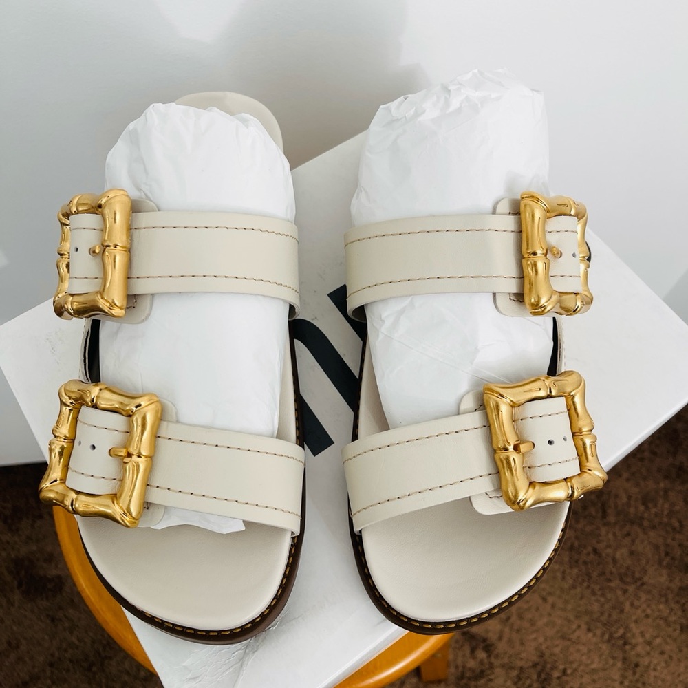 NWT Schutz Shoes Enola Sporty Sandals Leather Gold Buckle Pearl Size 9 B